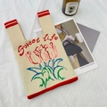 Chic cream knitted tote bag featuring Sweet Life text and colorful tulip embroidery - Sweet life