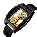 Macro view of skeleton mechanical watch gears with golden movement and blue screws - Black Case Black Mesh Strap
