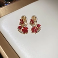 18k gold plated flower and heart gem clip-on earrings with diamonds in red finish - Ear Clip - Red
