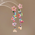 Detalle de pendientes de borla floral con cuentas de colores y pétalos rosa translúcidos - Pendientes de Borla de Flor Rosa Semitransparente (8# Aguja de plata-Oro-Colorido)