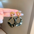 Close-up of gold-plated hoop earrings featuring grey leopard marble resin pendants - 11# 925 Sterling Silver Earring Post - Dark Green (Real Gold Plated)