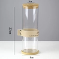 Hydroponic glass vase with cork lid and bamboo base featuring light brown leather strap - Cylinder (8*23cm) with Beige Strap & Bamboo Mat