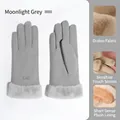 Winter thermal moonlight gray velvet touchscreen gloves with faux fur trim for women - One Size / Moonlight Grey