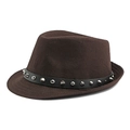Dark brown wool fedora hat with black leather belt and silver studded rivet trim - Pointed Rivet Belt Style / Coffee