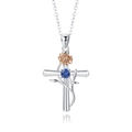 DIY stainless steel cross necklace featuring blue birthstone and rose gold flower detail - Cross September Peony