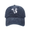 Close-up of high-quality white cow head embroidery on washed cotton baseball cap - Adjustable / Navy Blue