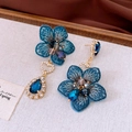 Close-up of blue embroidery flower earrings with water-drop crystal and heart links - 3# Silver Earring Post - Gold - Blue - Embroidery Flower