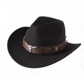 Classic black wool cowboy hat with brown leather band and silver bull head metal ornament - Strap Style / Black