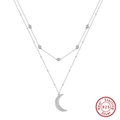 S925 Sterling Silber Doppel-Halskette mit funkelndem Mondanhänger und Zirkonia-Steinen - Silber