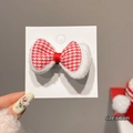 Winter style red houndstooth bow hair clip with white plush trim and 6.5cm length - White Edged Red Plaid Bow Clip 1Pc