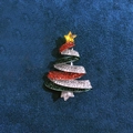 Christmas tree brooch pin with sparkling red green and silver rhinestones on navy velvet - Yellow Star Christmas Tree Brooch