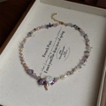 Baroque bracelet with irregular purple rose stone, freshwater pearls, and adjustable gold chain - Icy Natural Stone Pearl Necklace