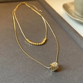 18k gold plated double layer necklace with cubic zirconia round pendants on gray surface - Gold (18K Gold Plated)