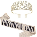 Close-up of sparkling rhinestone Birthday Girl crown and rose gold glitter sash set - Gold Heart Set