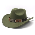 Detailed view of dark green wool felt cowboy hat with leather band and bull head buckle - M(56-59CM) / Army Green
