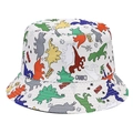 Close-up of white cotton sun hat featuring colorful cartoon dinosaur prints and fine stitching - Colorful Dinosaur
