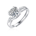 Detail view of silver ring with 6-prong moissanite main stone and side accents - Adjustable Open / Micro Pave Shank Style (R11558-6.5mm/1 Carat)