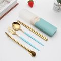 Portable stainless steel cutlery set with gold finish and blue handles in wheat straw case - Type B Green+Gold