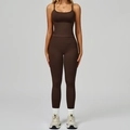 Ensemble de yoga sans couture marron foncé avec haut à col en U et legging taille haute - S / Vest+Leggings - Coffee Brown