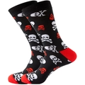 Detail shot of mid-calf socks featuring black fabric with red and white skull patterns - Black White Skull