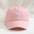 Pink cotton baseball cap with white pinky promise embroidery and curved brim - Pink