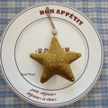 Handmade mustard yellow plush star ornament with silver glitter and wooden bead hanging cord - Star - Khaki