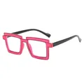 Pink pixelated square glasses frame with bold black outlines in retro 2D cartoon style - Neon Rose Red with Black Outline