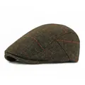 Classic herringbone wool flat cap in dark brown with orange and blue checked pattern - Adjustable / Army Green
