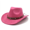 Dettaglio cappello cowboy rosa scamosciato con cinturino in pelle e strass argentati - Rosa Rosso