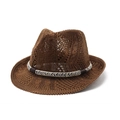 British style hollow knit jazz fedora hat in dark brown with tricolor woven band decoration - M (56-58cm) / Coffee