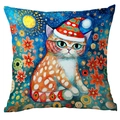 Kerst kussensloop met aquarel kat en bloemmotieven op een oranje stoffen achtergrond - Patroon TQDS72-1
