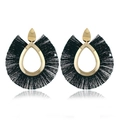 Pendientes bohemios en forma de abanico, aleación dorada con flecos de seda negra - Negro (10627)