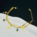 18k gold plated double layer bracelet with flat snake chain and turquoise cross charms - Gold Layered Cross Green Stone Style (5322)