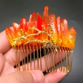 Handgefertigter goldener Haarkamm mit natürlichen orangeroten Rohkristallen und Ast-Dekor - Gelboranger Kristall + Goldener Kamm Zweig