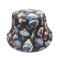 Detailed view of colorful psychedelic mushroom print on black polyester bucket hat - M (56-58cm) / 1# Black Psychedelic Mushroom