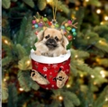 Weihnachtsanhänger mit Pekingese-Welpe in roter Socke und leuchtendem Rentier-Geweih - Pekinese