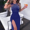 Elegant navy blue bodycon evening dress with rhinestone neckline and high side slit - S / Tops / Blue