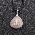 Pink quartz teardrop tree of life pendant with golden inlay on black cord necklace - Rose Quartz With Black Braided Rope