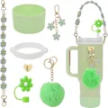 Mint green accessory set for tumbler with woven handle and floral silicone straw cover - Grass Green