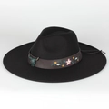 Classic black wide brim fedora hat with floral embroidery and metallic bull head deco - Adjustable / Bull Head Embroidery Style / Black