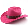 Detail of rose pink suede cowboy hat with studded leather band and star badge - M (56-58cm) / Rose Red