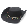 Black felt cowboy hat with wide upturned brim and colorful bohemian beaded band - Black