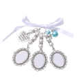 Silver bridal bouquet charm with three oval photo frames and white pearls - Three Pendants Bowknot Pearl Charm