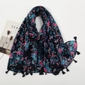 Flat lay of floral navy blue scarf with tassels, magazine and dried flowers on white - Dark Blue Base Painted Floral Style (XB942)