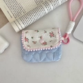 Close-up of small floral cotton CCD camera case with pink heart button and strap - Floral Pink + Blue Stripes