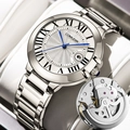 Silver stainless steel mechanical watch with blue hands and white roman numeral dial - Silver Steel White Face