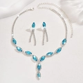 Detailed view of silver bridal jewelry set with marquise blue crystals and tassels - 650 Sea Blue