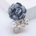 Elegant grey fabric flower brooch with pearl and crystal rhinestones on a gold leaf stem - Blue
