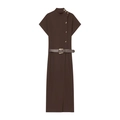 Vestido midi marrón oscuro con cinturón de textura de serpiente y hebillas doradas elegantes - XS / café