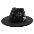 Black fedora with lightning pattern and Time Space print on flat brim wool felt hat - M (56-58cm) / Black Lightning Hand-painted (01)